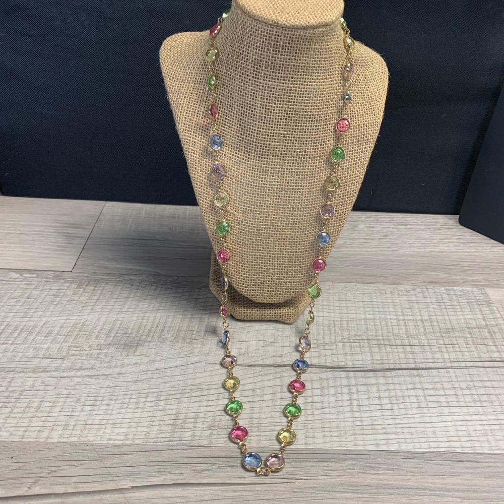Multi Color Bezel Set Crystal Station Necklace Gold Tone 32 Inch Long Chain